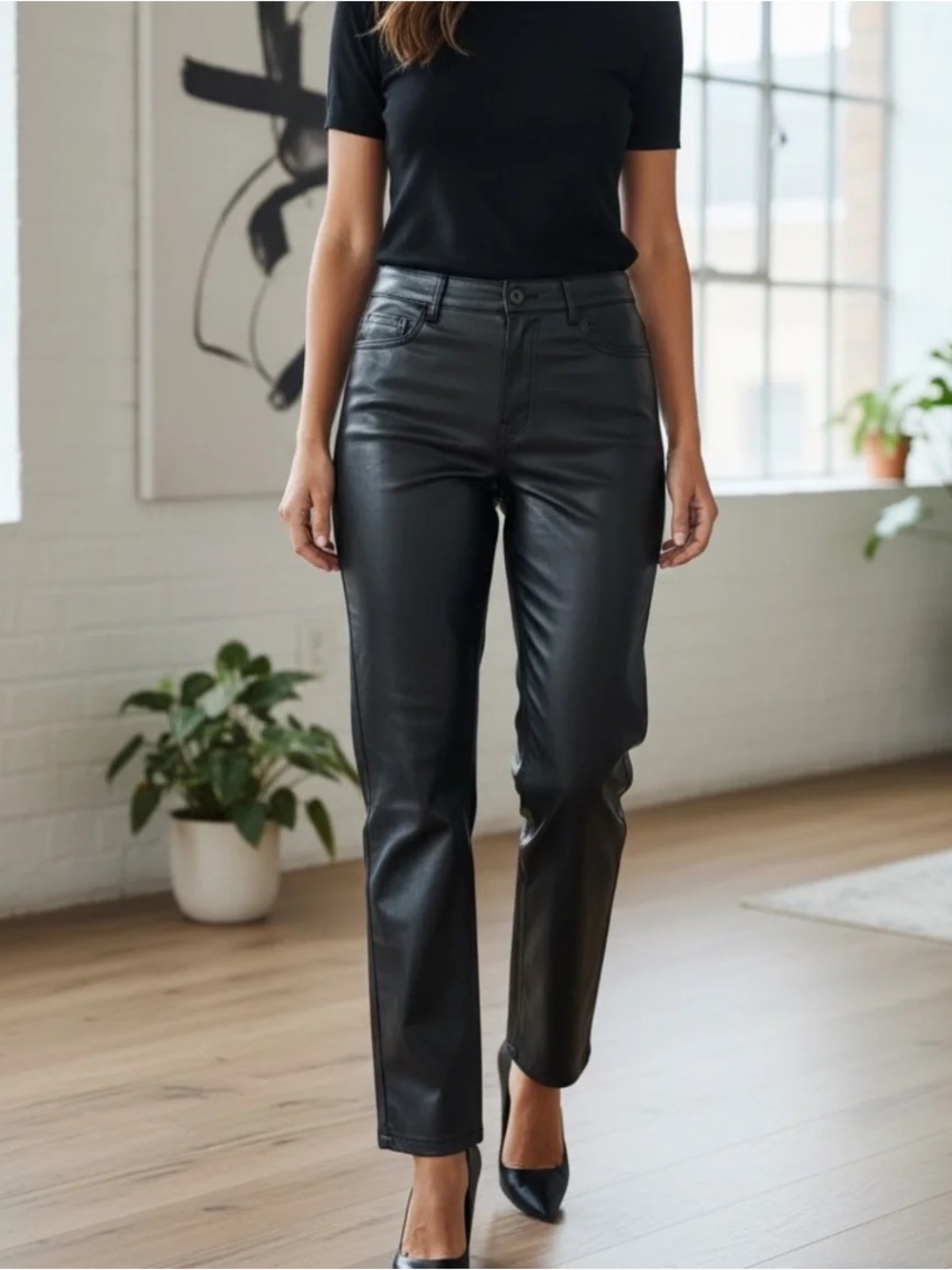 Joie Faux Leather Straight Leg Pants Black High Rise Size 10